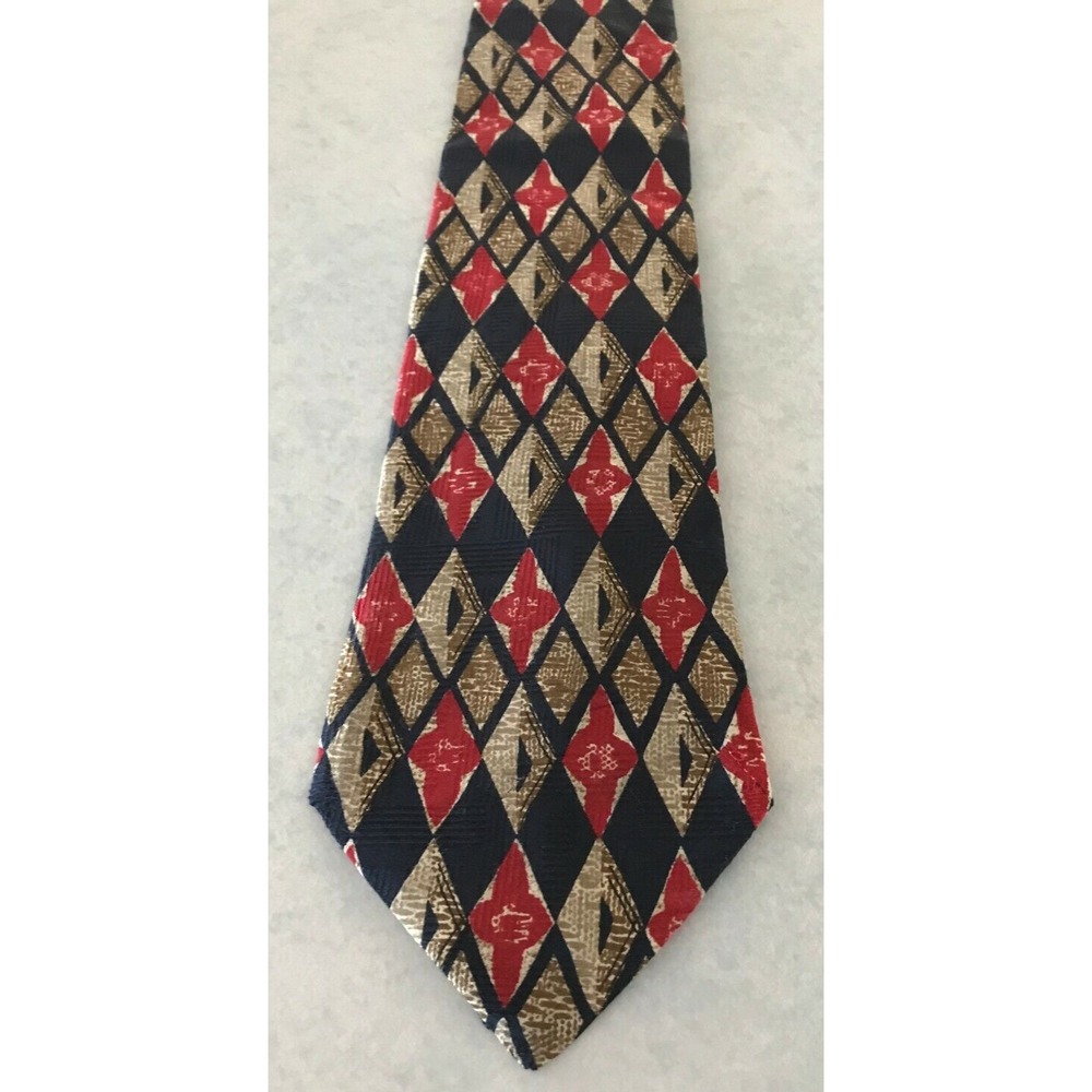 Tom James Men's Tie Necktie‎ Silk USA Blue Red Brown Beige Diamond Pattern New